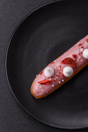 Sweet eclair or profiterole with strawberry custard on a dark textured background
