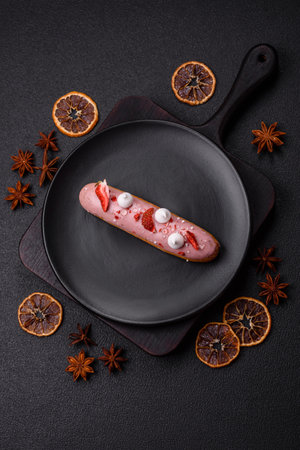 Sweet eclair or profiterole with strawberry custard on a dark textured background