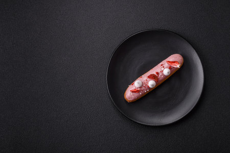 Sweet eclair or profiterole with strawberry custard on a dark textured background