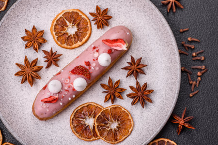 Sweet eclair or profiterole with strawberry custard on a dark textured backgroundの写真素材