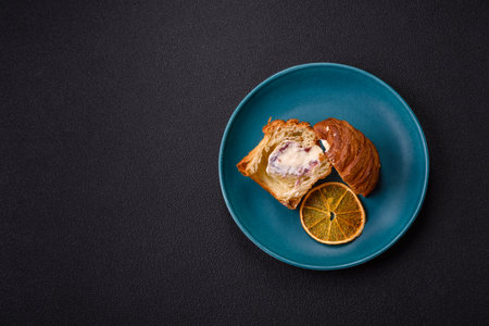 Sweet craffin made from puff pastry with Swiss meringue on a dark textured backgroundの写真素材