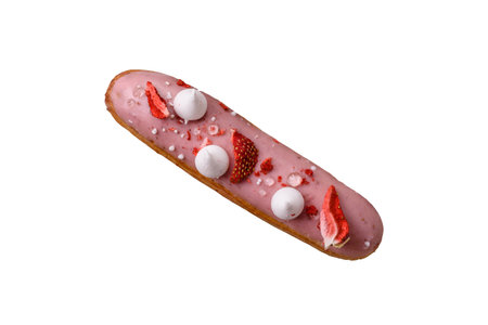 Sweet eclair or profiterole with strawberry custard on a white background
