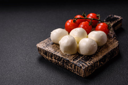 Delicious fresh mozzarella cheese with tomatoes, salt and spices on a dark concrete backgroundの写真素材
