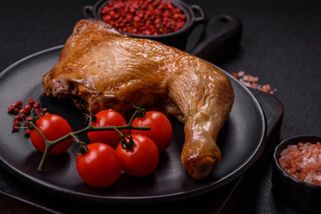 Delicious grilled chicken leg or quarter with salt and spices on dark concrete backgroundの写真素材
