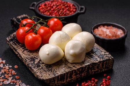 Delicious fresh mozzarella cheese with tomatoes, salt and spices on a dark concrete backgroundの写真素材