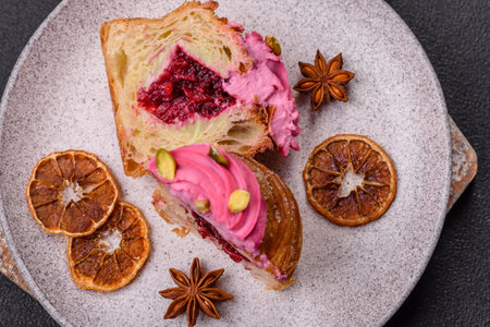 Sweet craffin or panettone garnished with raspberry and pistachio flavored cream on a dark concrete...