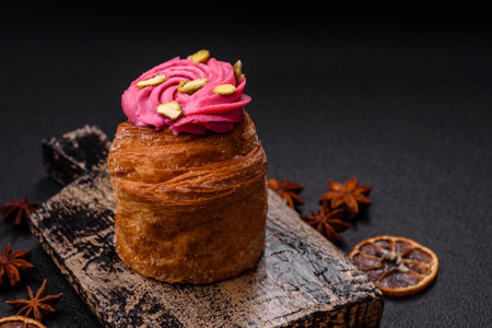 Sweet craffin or panettone garnished with raspberry and pistachio flavored cream on a dark concrete backgroundの写真素材