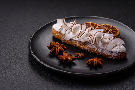 Sweet eclair with custard decorated with coconut slices on a dark concrete background
