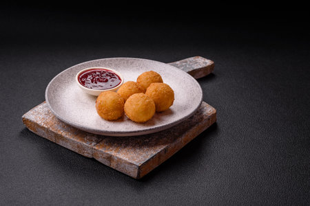 French fries balls with breaded brie or camembert cheese with sweet berry sauce on a dark concrete...