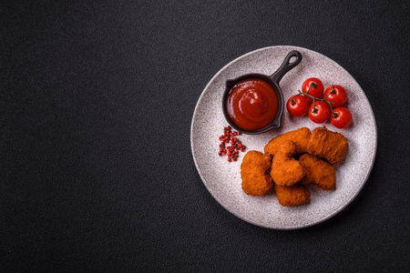 Delicious fresh crispy chicken nuggets on a dark concrete background. Unhealthy food, fast food