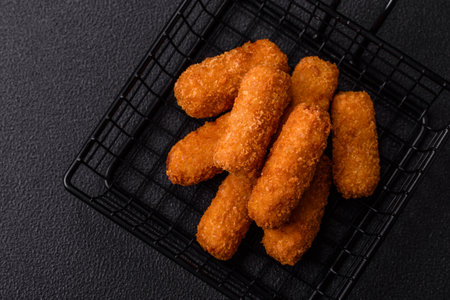 Delicious crispy cheese sticks with mozzarella, salt and spices, breaded and fried in oil. Fast food, takeawayの写真素材