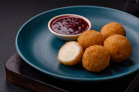 French fries balls with breaded brie or camembert cheese with sweet berry sauce on a dark concrete...