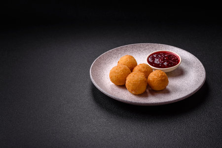 French fries balls with breaded brie or camembert cheese with sweet berry sauce on a dark concrete backgroundの写真素材