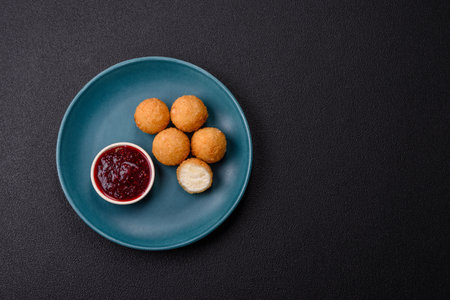 French fries balls with breaded brie or camembert cheese with sweet berry sauce on a dark concrete...