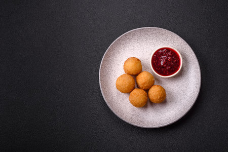 French fries balls with breaded brie or camembert cheese with sweet berry sauce on a dark concrete...