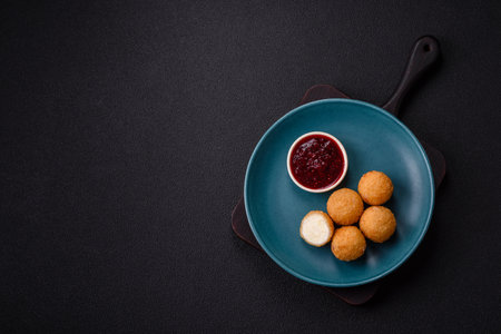 French fries balls with breaded brie or camembert cheese with sweet berry sauce on a dark concrete...