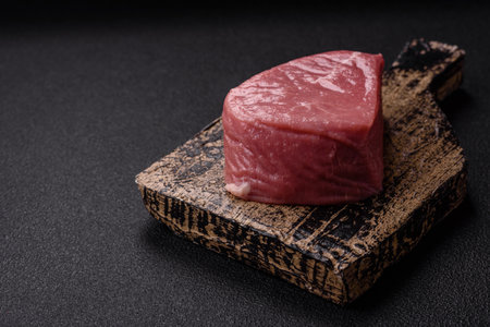 Ribeye steak raw with salt, spices and herbs prepared for grillingの写真素材