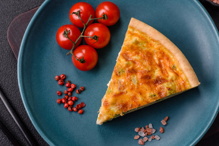 Delicious quiche with broccoli, chicken or salmon and cheese with salt and spices on a dark concrete backgroundの写真素材
