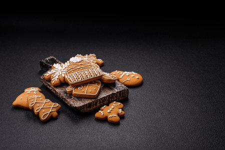 Delicious gingerbread cookies with honey, ginger and cinnamon. Winter compositionの写真素材