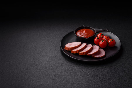 Smoked sausage or ham, cut into slices to make delicious sandwichesの写真素材