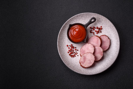 Smoked sausage or ham, cut into slices to make delicious sandwichesの写真素材