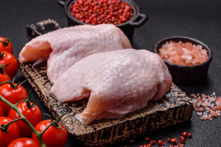 Raw chicken thighs with salt, spices and herbs prepared for grillingの写真素材