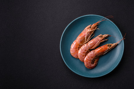Boiled tiger prawns with salt, spices, herbs and vegetables on a dark concrete backgroundの写真素材