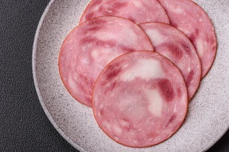 Ham cut into slices with salt and spices on a dark concrete background