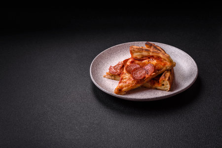 Pepperoni pizza with sausage, mozzarella cheese, tomatoes, salt and spices on a dark concrete backgroundの写真素材