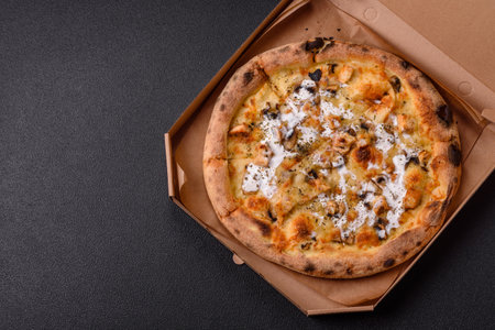 Creamy pizza with truffle cheese, mozzarella, chicken, mushrooms and Italian herbsの写真素材