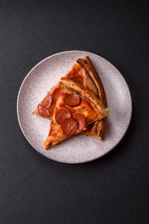 Pepperoni pizza with sausage, mozzarella cheese, tomatoes, salt and spices on a dark concrete backgroundの写真素材