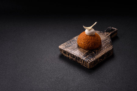 Delicious sweet shu cake with cream and nuts on a dark concrete backgroundの写真素材