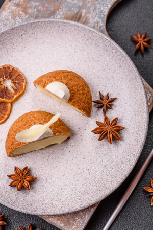 Delicious sweet cake with cream and nuts on a dark concrete backgroundの写真素材