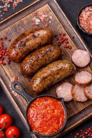 Juicy sausages with salt, spices and herbs grilled on a dark concrete backgroundの写真素材