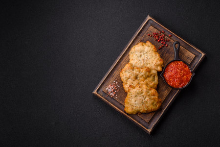 Delicious fried pork or chicken chops breaded with salt and spices on a dark concrete backgroundの写真素材