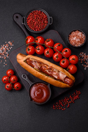 Hotdog with grilled sausage with bacon and mushrooms in a bun with salt, spices and herbsの写真素材