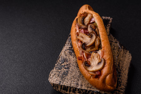 Hotdog with grilled sausage with bacon and mushrooms in a bun with salt, spices and herbs