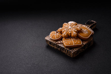 Homemade Christmas gingerbread cookies made as sweets and holiday table decorationsの写真素材