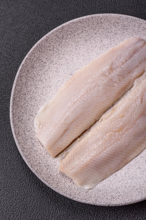 Herring fillet salted and marinated with salt, spices and oil on a dark concrete background