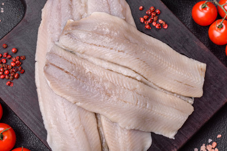 Herring fillet salted and marinated with salt, spices and oil on a dark concrete background