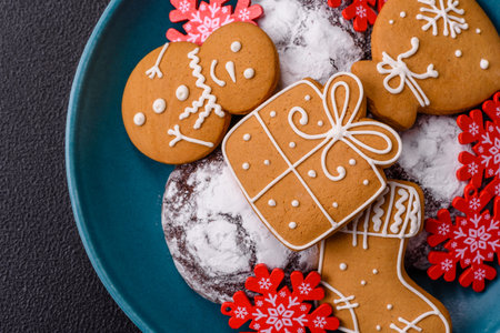Christmas homemade gingerbreads, cookies and decorative elements for the festive New Year's table