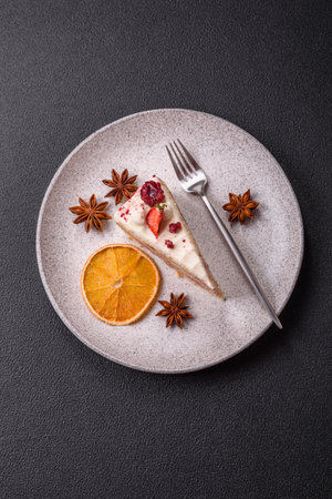 Piece of sweet layer cake with white cream, raspberries and strawberries on a dark concrete backgroundの写真素材