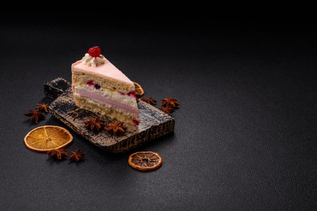 Piece of sweet cake with pink cream with raspberry flavor, with shortbread, cheesecake on a dark...