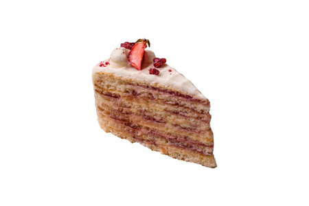 Piece of sweet layer cake with white cream, raspberries and strawberries on a white background