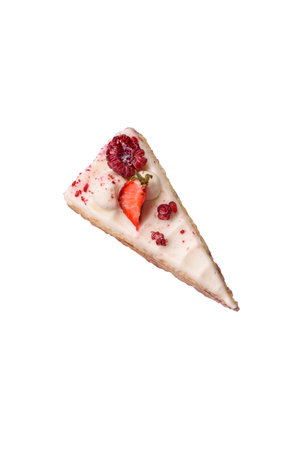 Piece of sweet layer cake with white cream, raspberries and strawberries on a white background