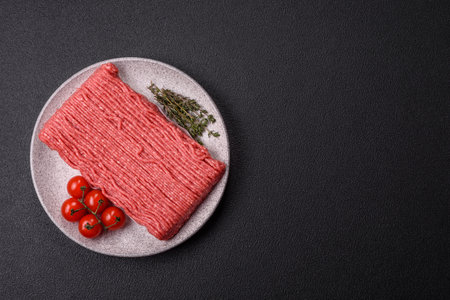 Raw ground beef or pork with salt, spices, herbs and tomatoes on a dark concrete background