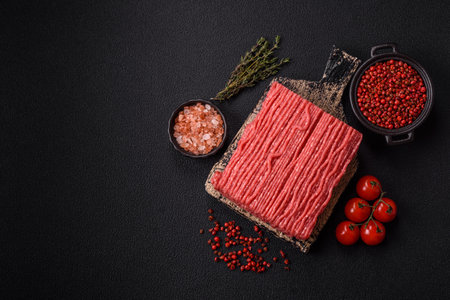 Raw ground beef or pork with salt, spices, herbs and tomatoes on a dark concrete background