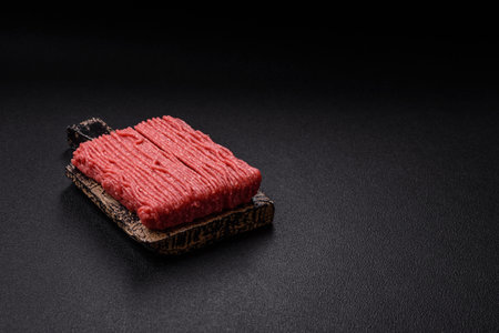 Raw ground beef or pork with salt, spices, herbs and tomatoes on a dark concrete backgroundの写真素材