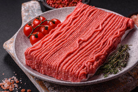 Raw ground beef or pork with salt, spices, herbs and tomatoes on a dark concrete background