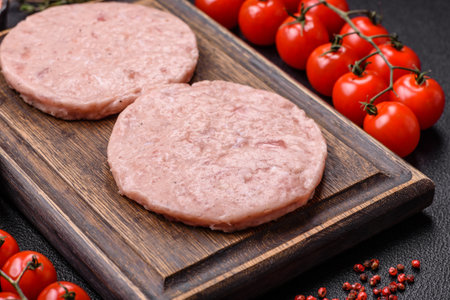 Raw chicken burger cutlet with salt, spices and herbs on dark concrete backgroundの写真素材